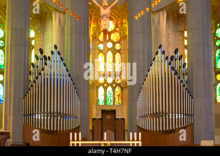 Altare e organo all'interno del tempio espiatorio della Sagrada Familia, progettato dall'architetto Antoni Gaudi, Barcellona, ​​Catalonia, Spagna Foto Stock