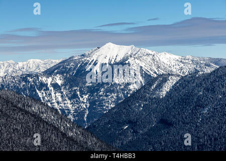 Epic montagne coperte in fresco in polvere di neve backgorund perfetto per logo o info titolo Foto Stock