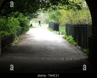 Giovane a piedi sotto la pioggia con ombrello fino a Hyde Park, London.UK Foto Stock