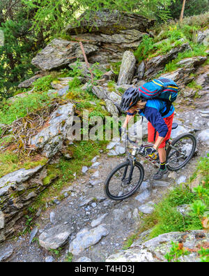 Mountainbiker moto dello sterzo su single trail Foto Stock