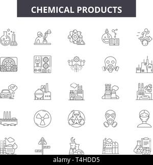 Prodotti chimici le icone della linea, set di segni, il vettore. Prodotti chimici concetto di contorno immagine: chemical,bottiglia,prodotto,pulito,spray,igiene,plastica Illustrazione Vettoriale