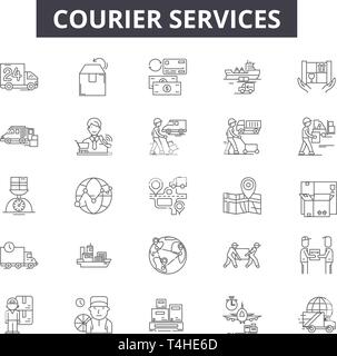 I servizi di corriere di linea, le icone di set di segni, il vettore. Servizi di corriere concetto di contorno immagine: service,consegna,corriere, spese di spedizione, trasporto,busine Illustrazione Vettoriale