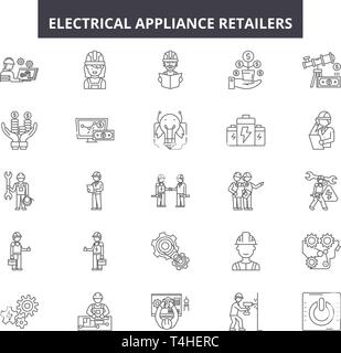 Apparecchio elettrico rivenditori le icone della linea, set di segni, il vettore. Apparecchio elettrico rivenditori concetto di contorno immagine: store,negozi,attrezzature,hous Illustrazione Vettoriale