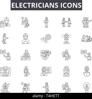Linea di elettricisti icone, set di segni, il vettore. Elettricisti concetto outline illustrazione: elettricista,l'elettricità,alimentazione,energia elettrica,,impostare Illustrazione Vettoriale