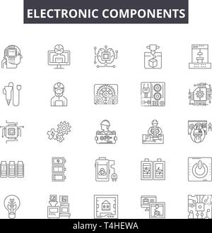 Componenti elettronici le icone della linea, set di segni, il vettore. Componenti elettronici concetto di contorno immagine: computer,technology,processore,chip,l'organo, Illustrazione Vettoriale