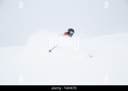 Sci Backcountry in Giappone nel profondo, neve soffice. Una mezza età sciatore si trasforma in polvere e ottiene la neve soffiata nella sua faccia. Foto Stock