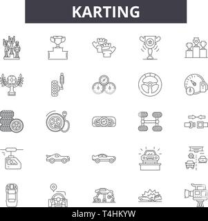 Linea di Karting icone, set di segni, il vettore. Karting il concetto di contorno immagine: kart,karting,motore carrello,comando,gara Illustrazione Vettoriale