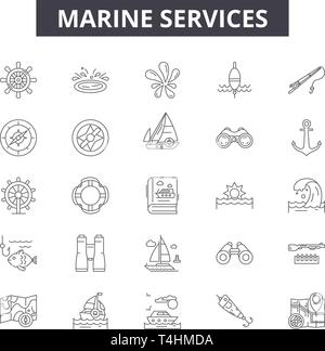 I servizi marittimi di linea, le icone di set di segni, il vettore. I servizi nautici concetto outline illustrazione: marine,servizio,nave,trasporto,cargo,trasporto Illustrazione Vettoriale