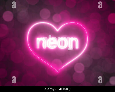 Neon incandescente cuore con sfocato sfondo bokeh di fondo. 3d illustrazione Foto Stock