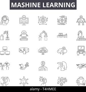 Mashine linea di apprendimento icone, set di segni, il vettore. Mashine di apprendimento concetto di contorno immagine: successo,l'istruzione,concetto,sfondo,documento,l'apprendimento, Illustrazione Vettoriale