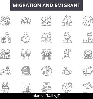 Migrazione linea di emigrati icone, set di segni, il vettore. La migrazione di emigrati concetto di contorno immagine: migrazione,Persone,l'immigrazione,rifugiato,confine,lavoratori migranti Illustrazione Vettoriale