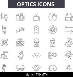 Ottica linea icone, set di segni, il vettore. Ottica concetto di contorno immagine: Ottica, tecnologia ottica,,informazioni,il collegamento,isolato, fibra,network Illustrazione Vettoriale