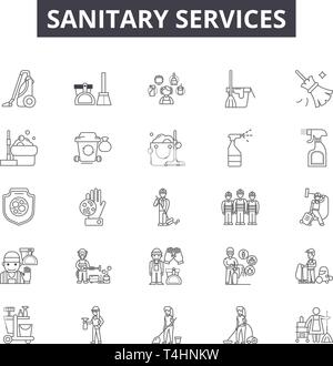 Servizi sanitari le icone della linea, set di segni, il vettore. Servizi sanitari il concetto di contorno, illustrazione: servizio,assorbenti,Casa,pulizia,dispositivi Illustrazione Vettoriale