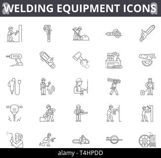 Macchinari e attrezzature per la saldatura le icone della linea, set di segni, il vettore. Macchinari e attrezzature per la saldatura concetto di contorno, illustrazione: apparecchiature di saldatura,,lavoro,maschera,l'industria,industrial Illustrazione Vettoriale