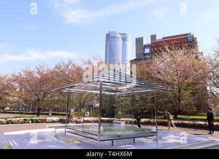 Tokyo, Giappone. Xvi Apr, 2019. Un bicchiere realizzato in stile Giapponese casa da tè "Kou-un', disegnato dall'artista giapponese Tokujin Yoshioka è visualizzata in corrispondenza del suolo del National Art Center di Tokyo ad una anteprima di stampa su Martedì, 16 aprile 2019. La casa del tè che fu costruito una prima volta nel 2015 e precedentemente situato a Kyoto sarà visualizzato per il pubblico dal 17 aprile a maggio 10. Credito: Yoshio Tsunoda/AFLO/Alamy Live News Foto Stock