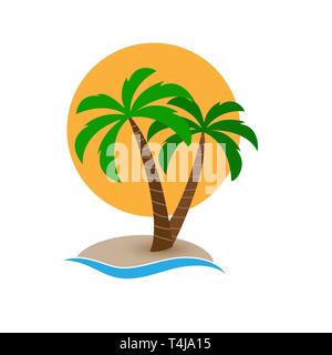 Palm tree sull'isola sullo sfondo di sun disk, design semplice Illustrazione Vettoriale