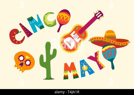 Vacanza messicana 5 maggio celebrazione di Cinco De Mayo. Bella illustrazione vettoriale con il cartoon Design modello. Tradizionale in America Latina simboli divertenti s Illustrazione Vettoriale