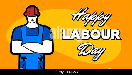 Lavoratore uomo in costruzione rossa casco e iscrizione felice Festa del lavoro. 1 maggio biglietto di auguri. Illustrazione Vettoriale per creare poster, striscioni, annuncio, promozione, fl Illustrazione Vettoriale