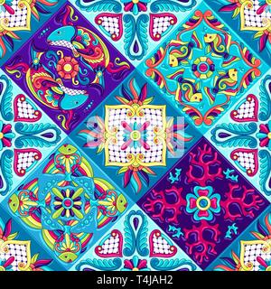 Mexican talavera piastrella ceramica pattern con pesci. Illustrazione Vettoriale