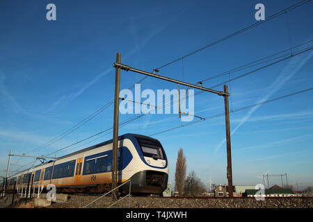 SLT sprinter locale treno dei pendolari nel sole di sera tra gouda e Rotterdam in Moordrecht Foto Stock