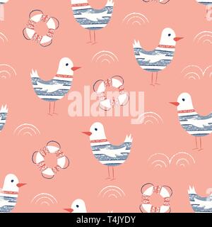 Whimsical e carino Pastel-Colored Hand-Drawn nautico con matite colorate, salvagenti anulari e gabbiani Vector Seamless Pattern per bambini e neonati. Sfondo di divertimento Illustrazione Vettoriale
