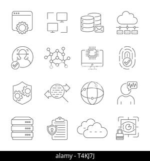 Tecnologia di rete, il riconoscimento del volto, protezione internet, servizio cloud, server dati. Vettore di set di icone. Corsa modificabile. EPS 10 Illustrazione Vettoriale