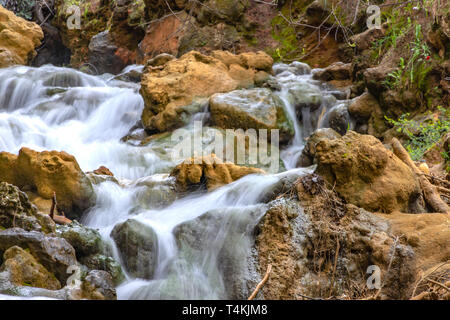 Piccole cascate di cascate in un torrente di montagna in primavera. Parod fiume. Israele. Paesaggio Foto Stock