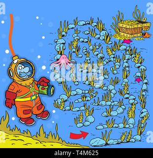 Nella illustrazione vettoriale puzzle per bambini con un labirinto di coralli e un subacqueo che è alla ricerca di un percorso al tesoro. Illustrazione Vettoriale