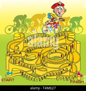 In illustrazione vettoriale, un puzzle con un ragazzo su una bicicletta, egli ha bisogno di condotto attraverso un labirinto Illustrazione Vettoriale