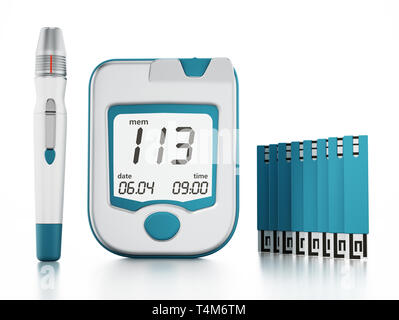 Misuratore glicemia con strisce isolati su sfondo bianco. 3D'illustrazione. Foto Stock