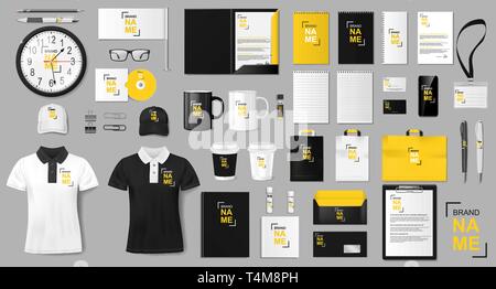 Corporate identity design modello. Golden realistica e nero di cancelleria per ufficio mockup per negozio. Articoli di cancelleria e uniforme della carta, pack, pacchetto per Illustrazione Vettoriale