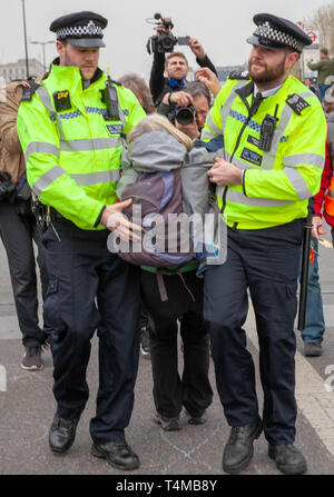 16 Aprile 2019: Eccitazione ribellione: Protester far trasportare da Met funzionario di polizia sul ponte di Waterloo, London.UK Foto Stock