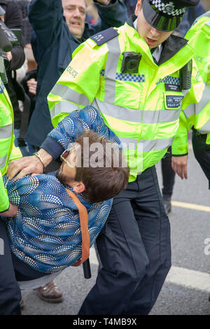 16 Aprile 2019: Eccitazione ribellione: Protester getting portato via in manette da una Met funzionario di polizia sul ponte di Waterloo, London.UK Foto Stock