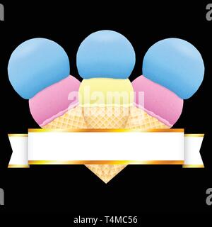 Estate elemento di decoro. Tre gelati con oro luccicante nastro. Rosa e blu convogliatore in fette di dolce, nero su sfondo isolato. Spazio per il te Illustrazione Vettoriale