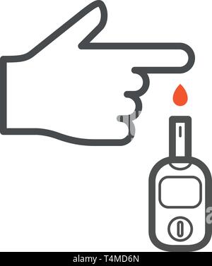 Applicazione a mano goccia di sangue alla striscia di prova di glucosio a metro - La Giornata mondiale del diabete icona Illustrazione Vettoriale