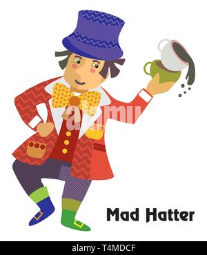 Colorato contorno decorativo ritratto di dancing Mad Hatter con tazza di tè in mano. Alice nel paese delle meraviglie, vettore fumetto illustrazione piatta in diff Illustrazione Vettoriale