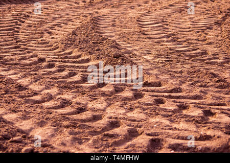 Il pneumatico del trattore tracce su suolo asciutto in Europa Foto Stock