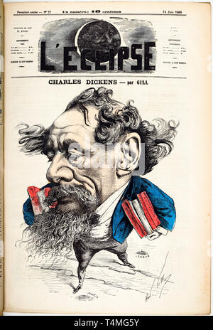 La caricatura ritratto di Charles Dickens (1812-1870), il coperchio di L'Eclipse magazine, 14 giugno 1868, colorate a mano incisione di André Gill Foto Stock
