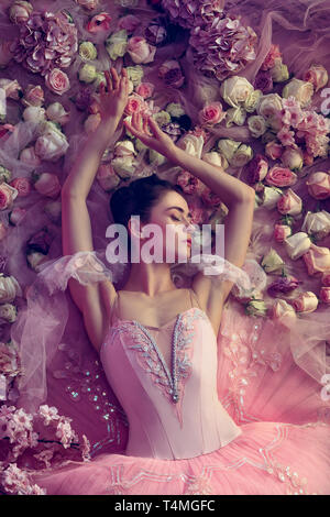 Serata calda. Vista superiore della bella giovane donna in rosa ballet tutu circondato da fiori. La molla umore e tenerezza nella luce di corallo. Foto d'arte. Concetto di primavera sbocciano i fiori e la natura di risveglio. Foto Stock