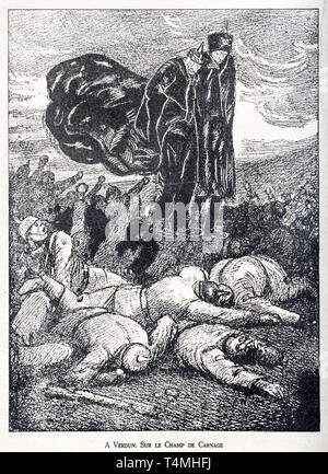 Sur Le Champ de Carnage, WW1 caricatura da illustrator Rata Langa mostra tedesco Corona prussiano principe / Kronprinz Wilhelm von Preußen e Kaiser Wilhelm II camminando tra soldati uccisi sul campo di battaglia di Verdun Foto Stock