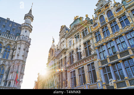 Vecchie case storiche sul lato wesy della Grand Place di Bruxelles in Belgio: Le Roy d'Espagne, La Brouette, Le Sac e La Louve Foto Stock