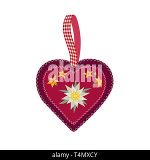 Edelweiss disegnato a mano in cuore rosso isolato. Illustrazione Vettoriale