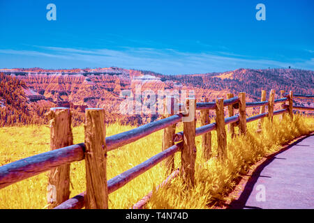 Log in legno recinto che conduce lungo il sentiero al canyon di punto di vista al di là/ Foto Stock