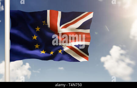Sventola bandiera brexit sul palo contro il cielo blu Foto Stock