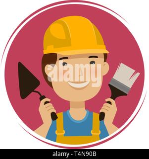 La riparazione, la creazione di un logo. Happy builder con strumenti nelle sue mani. Fumetto illustrazione vettoriale Illustrazione Vettoriale