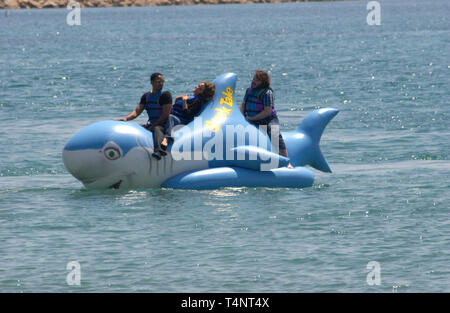 CANNES, Francia. 14 maggio 2004: Angelina Jolie, Will Smith & JACK BLACK cavalcare un squalo gonfiabile intorno alla baia di Cannes per promuovere il loro nuovo film Shark Tale al festival di pellicola di Cannes, Cannes, Francia. Foto Stock