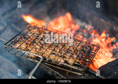 Carne alla Brace sul fuoco di carbone. L'ingrediente di bun cha è il famoso vietnamita zuppa di noodle con barbecue di carne, spring roll, i vermicelli e verdure fresche Foto Stock