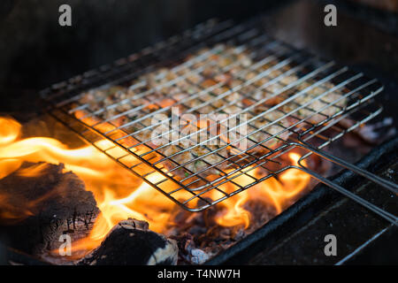 Carne alla Brace sul fuoco di carbone. L'ingrediente di bun cha è il famoso vietnamita zuppa di noodle con barbecue di carne, spring roll, i vermicelli e verdure fresche Foto Stock