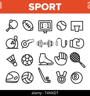 Giochi Sport attrezzature vettore lineare set di icone Illustrazione Vettoriale