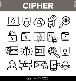 Cipher, protezione dati vettore lineare set di icone Illustrazione Vettoriale